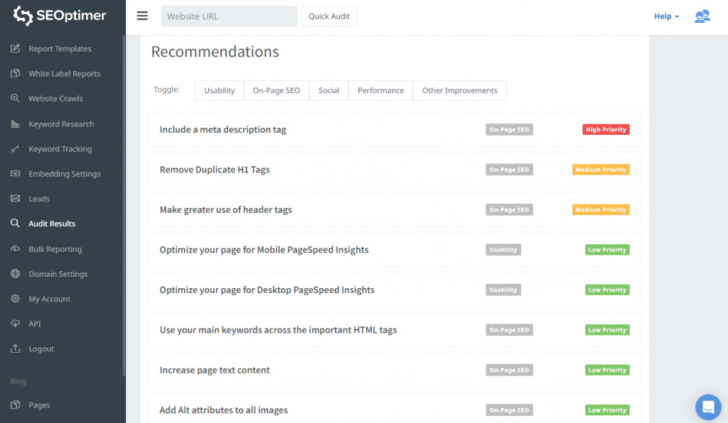 seoptimer recommendations